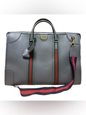 Gucci Gray Leather Duffel with Green and Red Web Stripes
